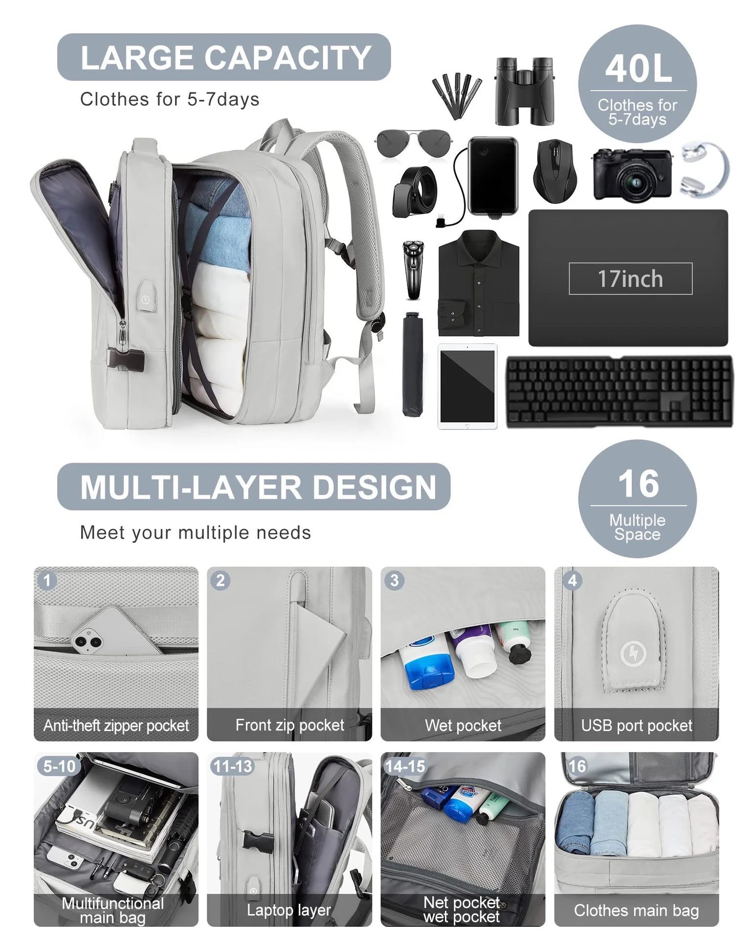 Large Capacity Travel Backpack Men and Women Laptop Bag Multifunctional Man Business Trip Expandable Airplane Backpacks