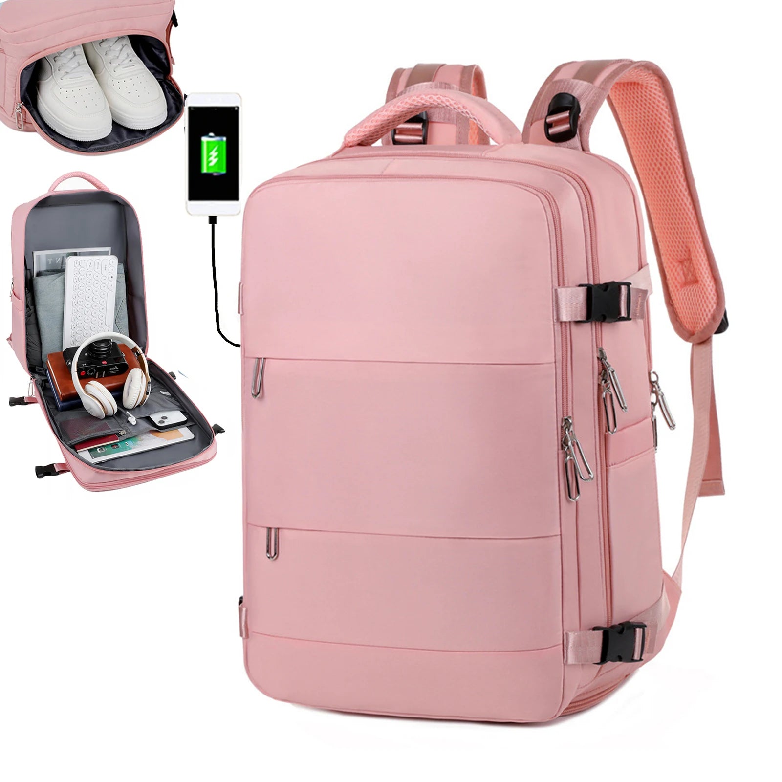 Men Women Travel Backpack Large Capacity Airline Approved Multifunction Backpack with Shoe Compartment Laptop Bag USB Charging