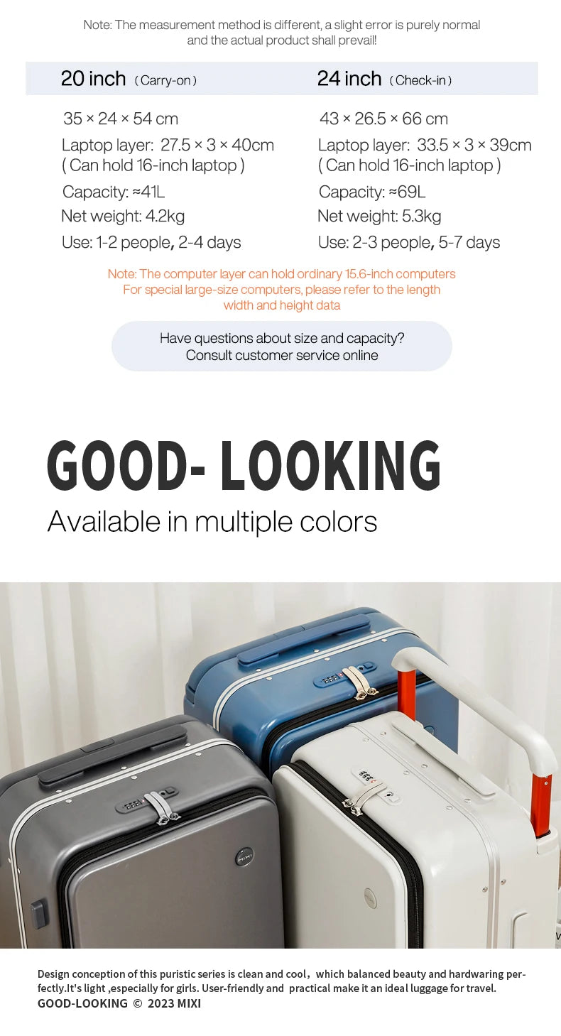 Mixi New Design Wide Handle Suitcase Men Carry-On Luggage Women Travel Trolley Case 20 Inch Cabin PC Aluminum Frame M9275