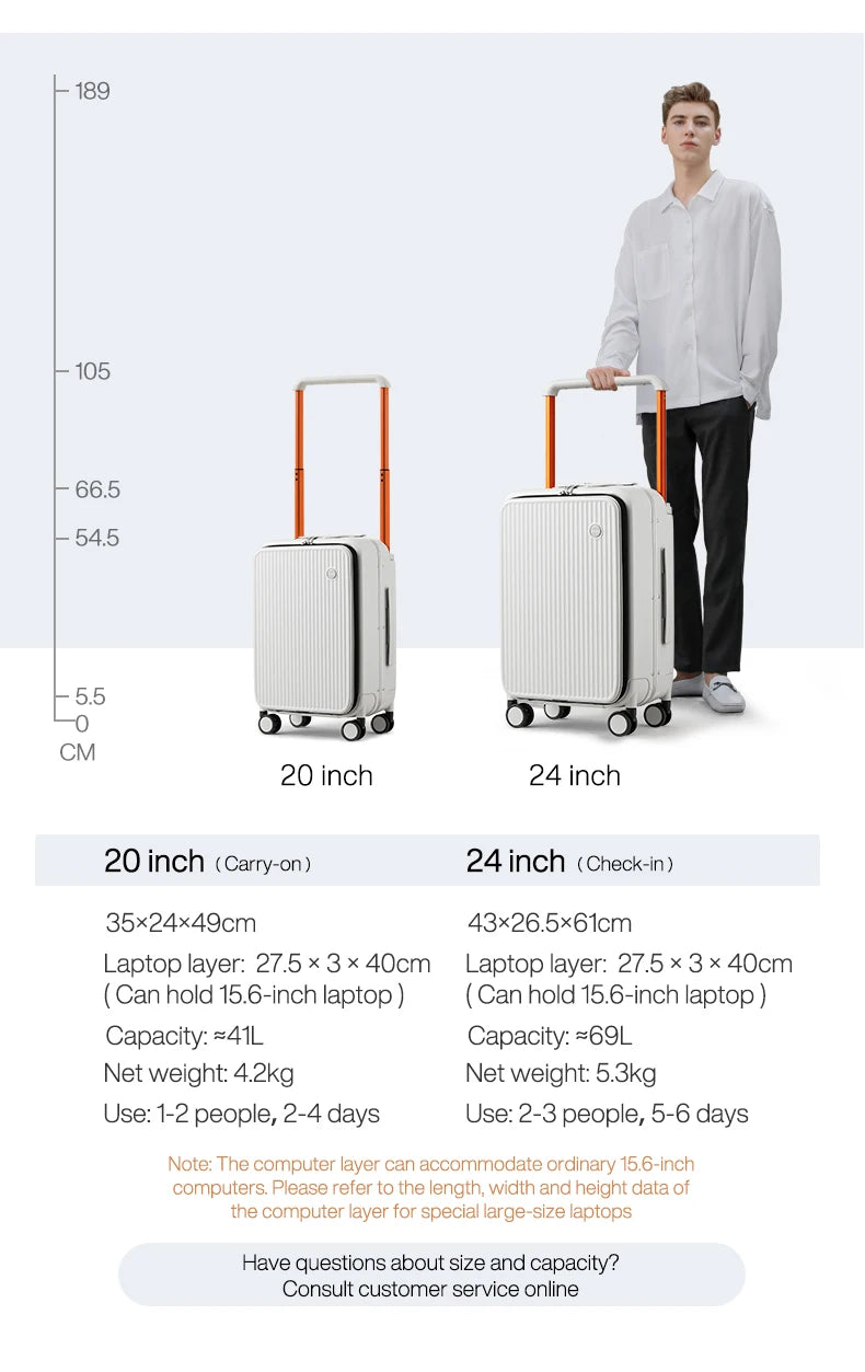 Mixi Front Laptop Pocket Suitcase Wide Handle Travel Suitcase Men 20''Carry-On Luggage Women PC Aluminum Frame Trolley Case 24''