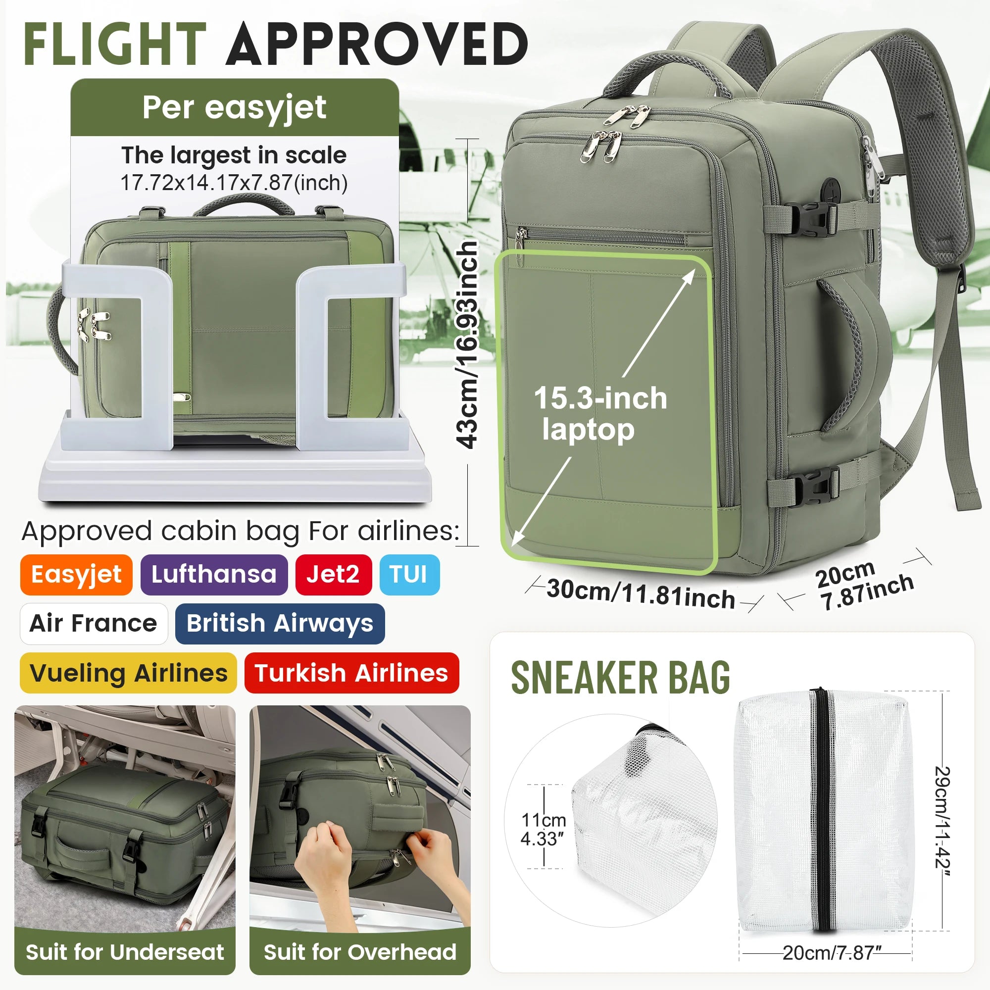 Travel Backpack for Women, 24L Carry On Backpack Flight Approved, Large Personal Item Bag Fits 16.5 inch Laptop, with 1 Packing
