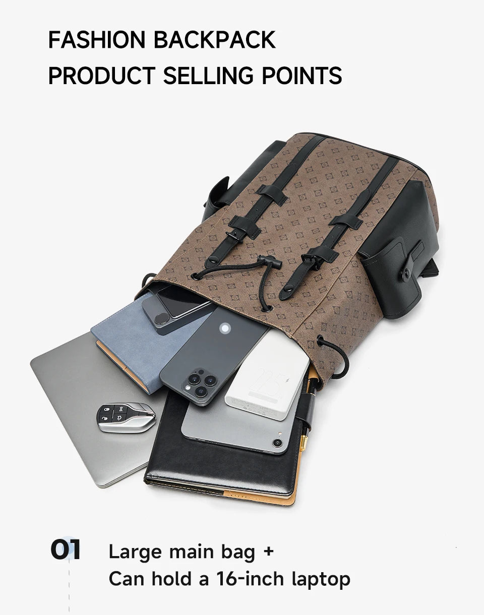 Septwolves High Quality Business Printed Leather Backpack Man Designer Drawstring Flip Monogram Laptop Bags Print Work Rucksack