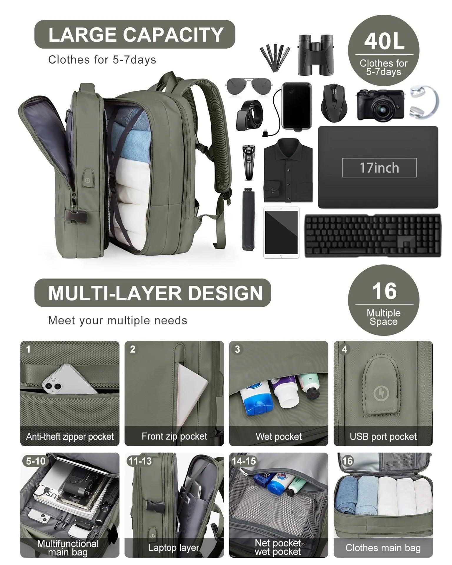 Large Capacity Travel Backpack Men and Women Laptop Bag Multifunctional Man Business Trip Expandable Airplane Backpacks