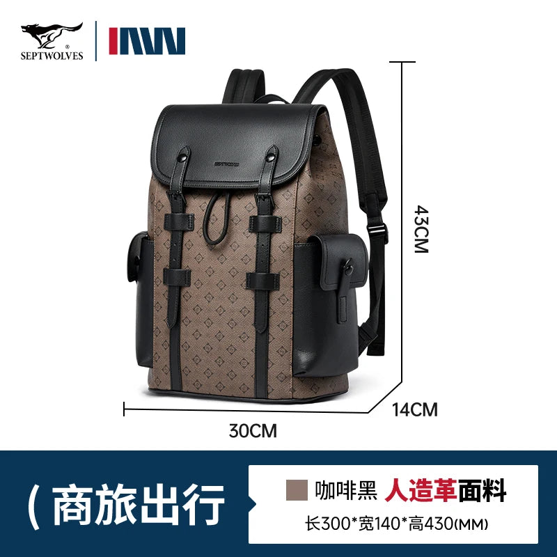 Septwolves High Quality Business Printed Leather Backpack Man Designer Drawstring Flip Monogram Laptop Bags Print Work Rucksack
