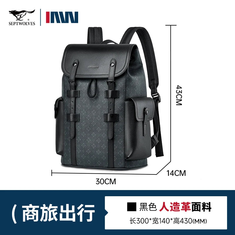 Septwolves High Quality Business Printed Leather Backpack Man Designer Drawstring Flip Monogram Laptop Bags Print Work Rucksack