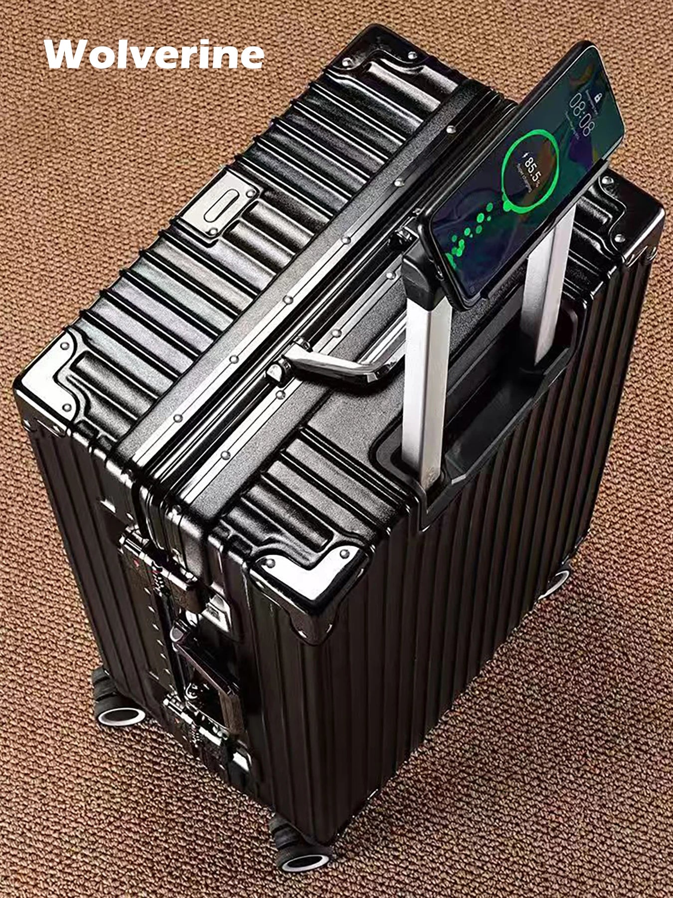 Wolverine luggage, a hard-shell suitcase with 108 rivets, 20-28 inches in size, featuring silent all-terrain wheels, a cup holde