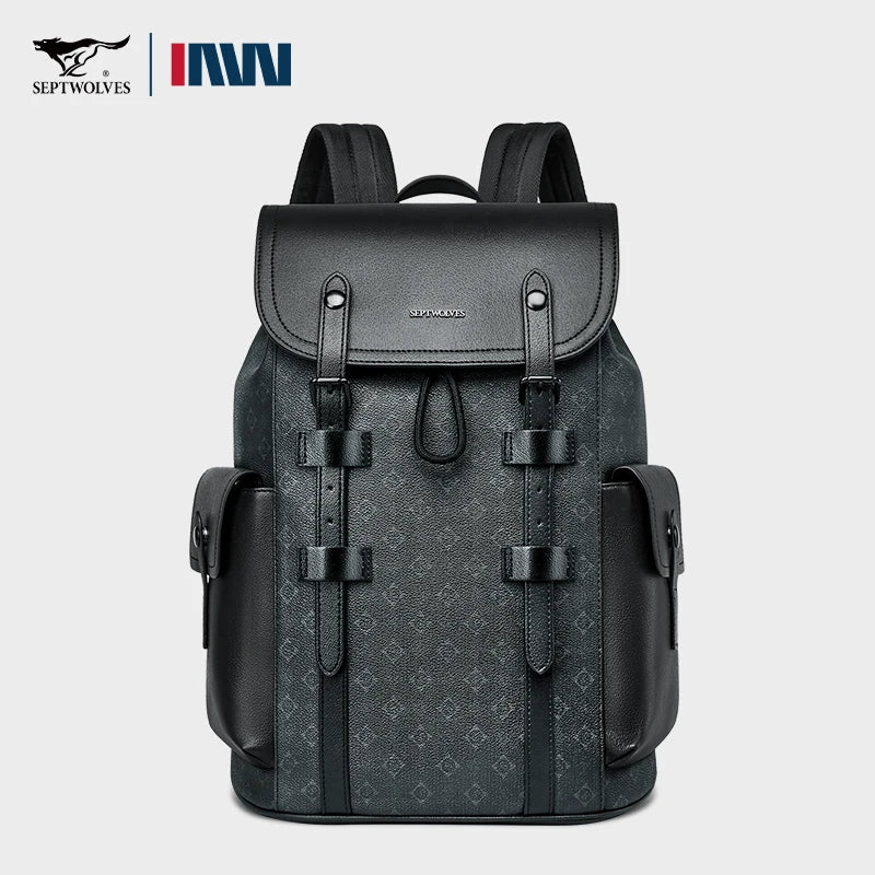 Septwolves High Quality Business Printed Leather Backpack Man Designer Drawstring Flip Monogram Laptop Bags Print Work Rucksack