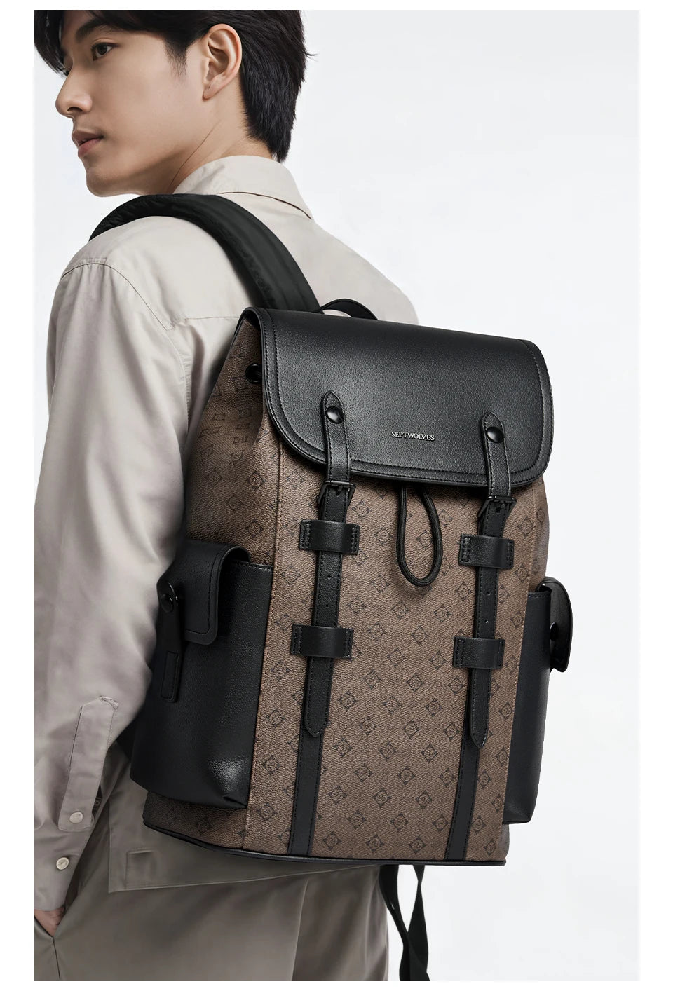 Septwolves High Quality Business Printed Leather Backpack Man Designer Drawstring Flip Monogram Laptop Bags Print Work Rucksack