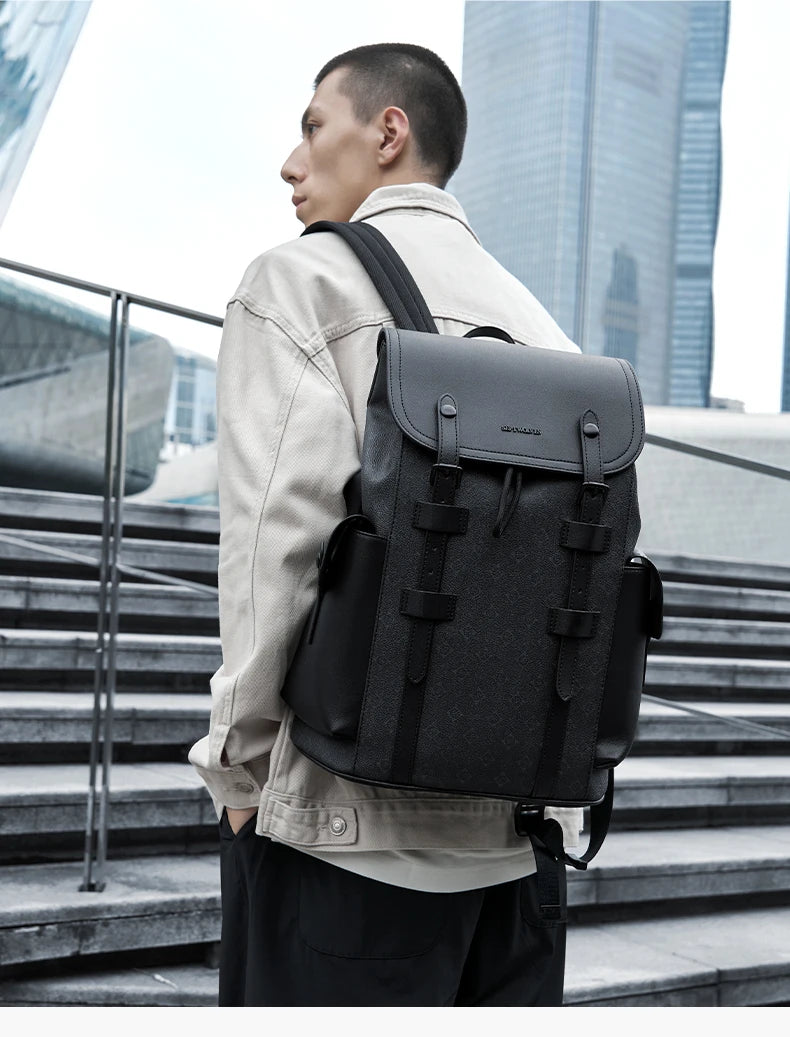 Septwolves High Quality Business Printed Leather Backpack Man Designer Drawstring Flip Monogram Laptop Bags Print Work Rucksack