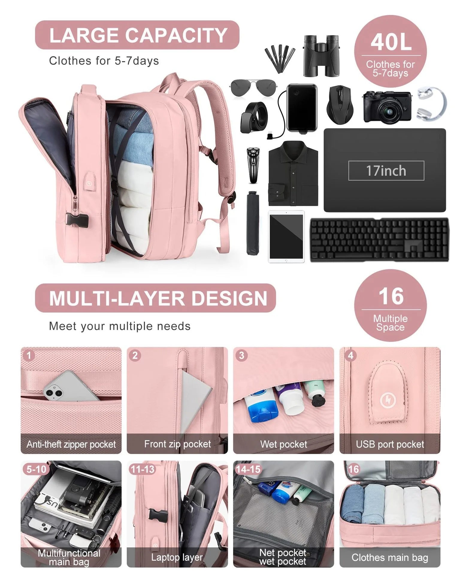 Large Capacity Travel Backpack Men and Women Laptop Bag Multifunctional Man Business Trip Expandable Airplane Backpacks