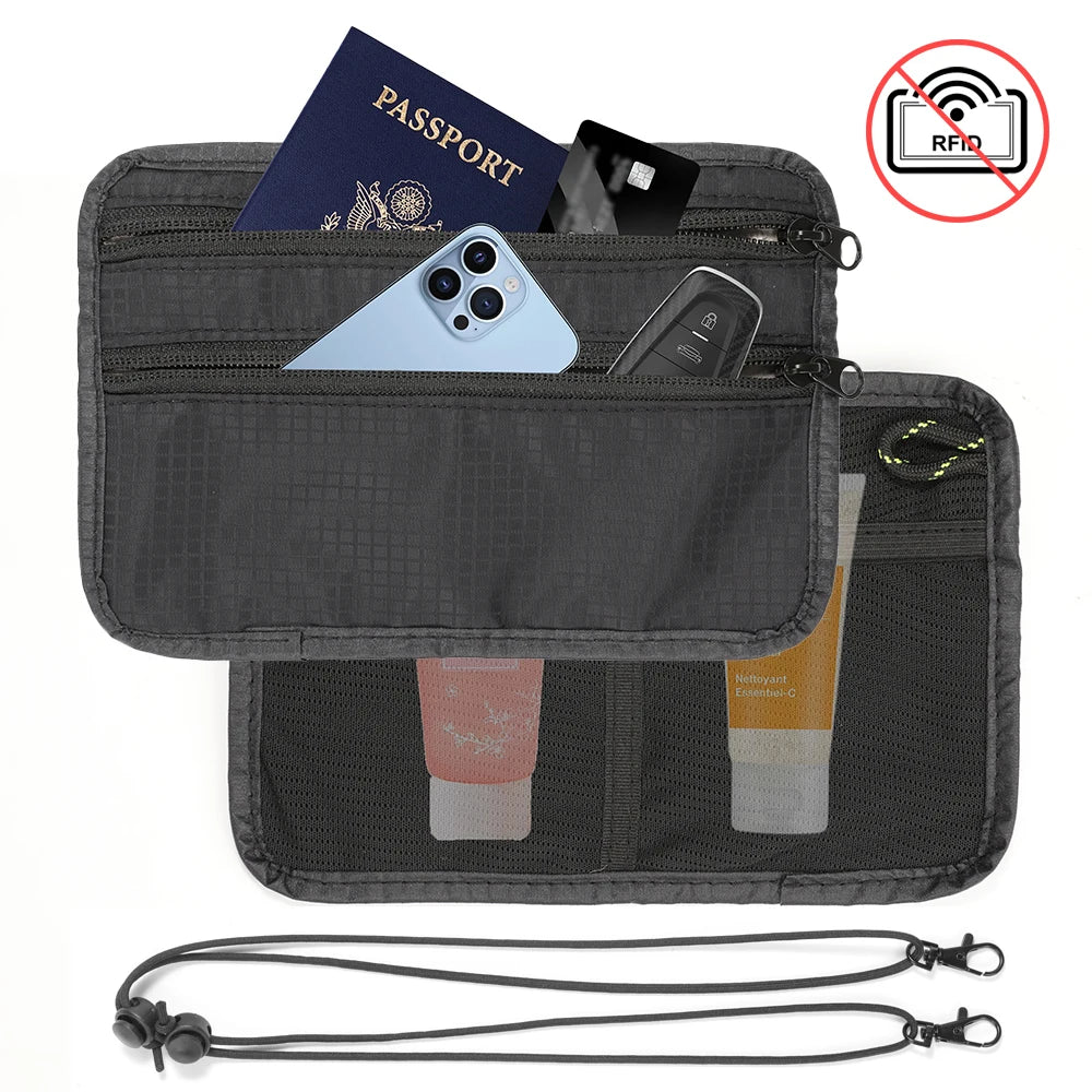 Travel RFID Wallet Passport Organizer, Lightweight Coin Purse With Adjustable Shoulder Strap For Credit Card, Cash, Cell Phone