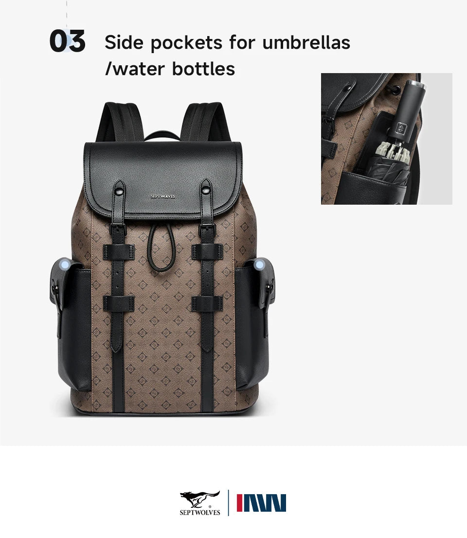 Septwolves High Quality Business Printed Leather Backpack Man Designer Drawstring Flip Monogram Laptop Bags Print Work Rucksack