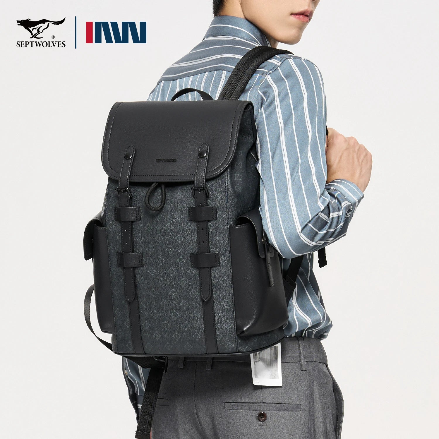 Septwolves High Quality Business Printed Leather Backpack Man Designer Drawstring Flip Monogram Laptop Bags Print Work Rucksack