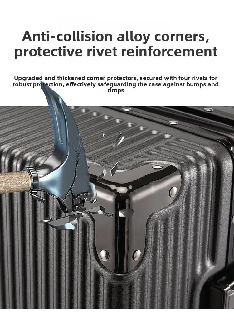 Wolverine luggage, a hard-shell suitcase with 108 rivets, 20-28 inches in size, featuring silent all-terrain wheels, a cup holde