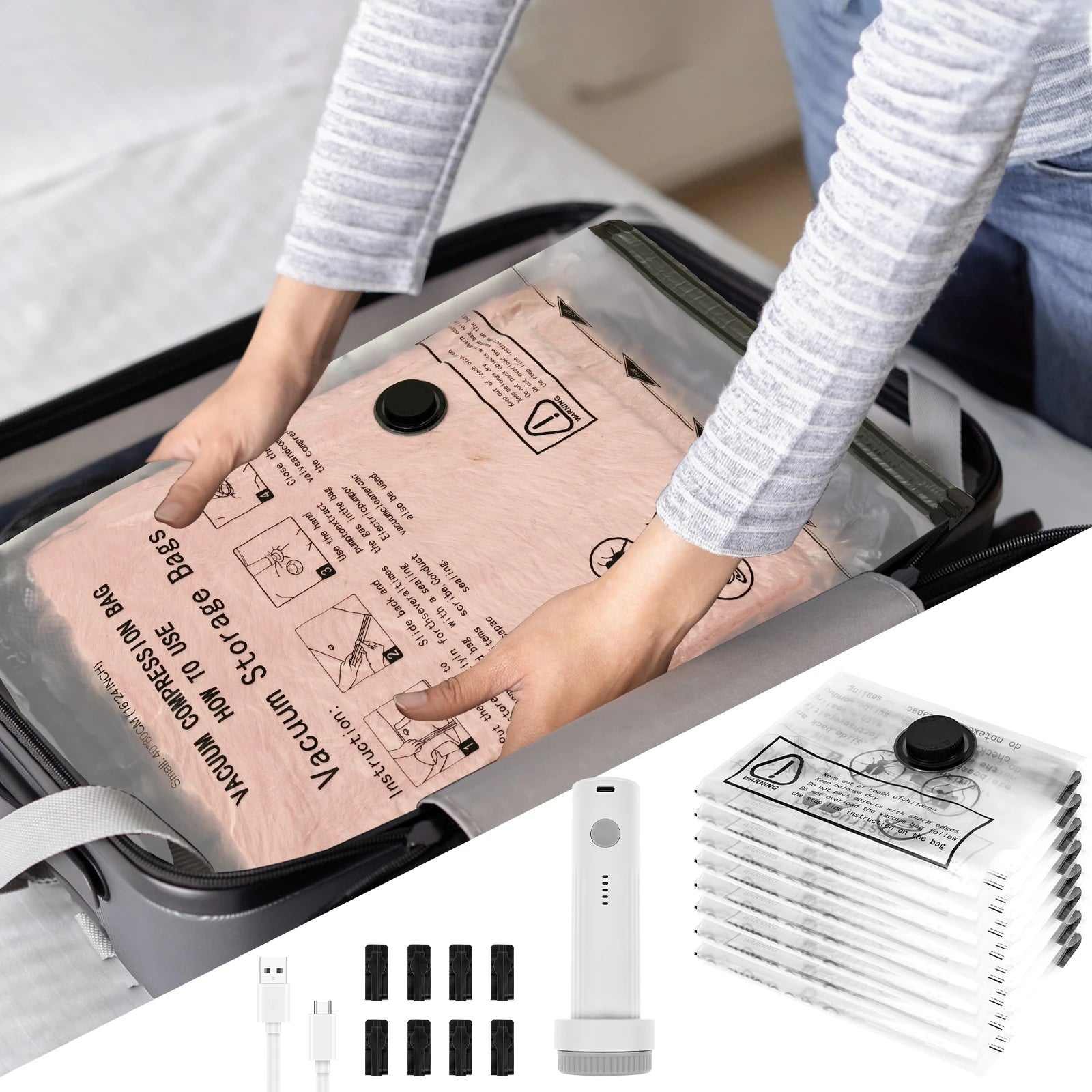 8Pcs Vacuum Storage Bags with USB Electric Pump Rapid Compression Double Zipper Lock Triple Seal Compression Bag for Luggage