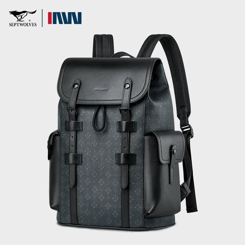 Septwolves High Quality Business Printed Leather Backpack Man Designer Drawstring Flip Monogram Laptop Bags Print Work Rucksack