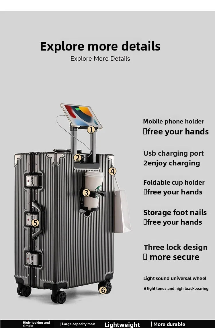 Wolverine luggage, a hard-shell suitcase with 108 rivets, 20-28 inches in size, featuring silent all-terrain wheels, a cup holde