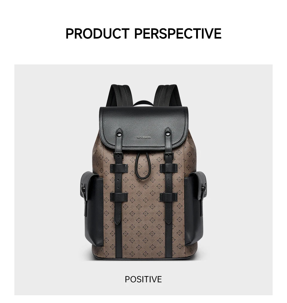Septwolves High Quality Business Printed Leather Backpack Man Designer Drawstring Flip Monogram Laptop Bags Print Work Rucksack