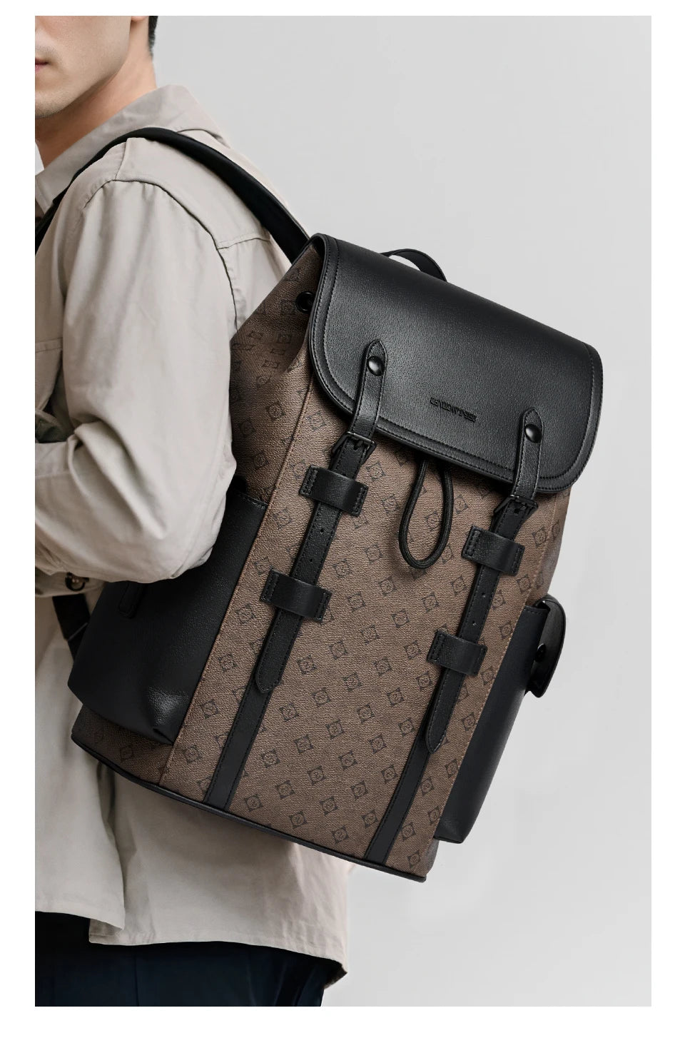 Septwolves High Quality Business Printed Leather Backpack Man Designer Drawstring Flip Monogram Laptop Bags Print Work Rucksack