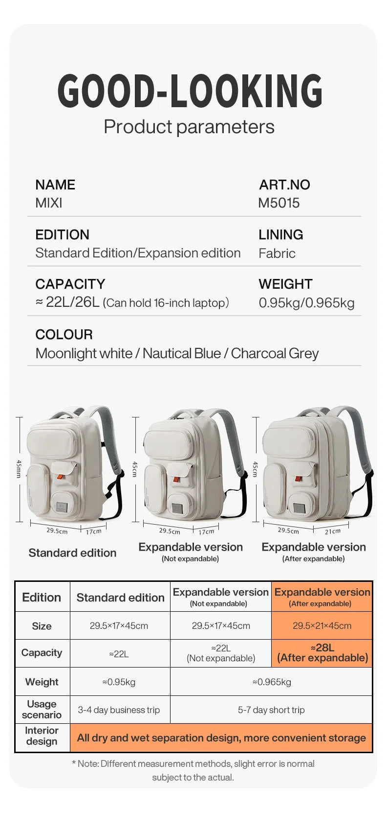 Mixi New Patent Design Multifunctional Travel Backpack Bag Unisex Waterproof 18 Inch M5015