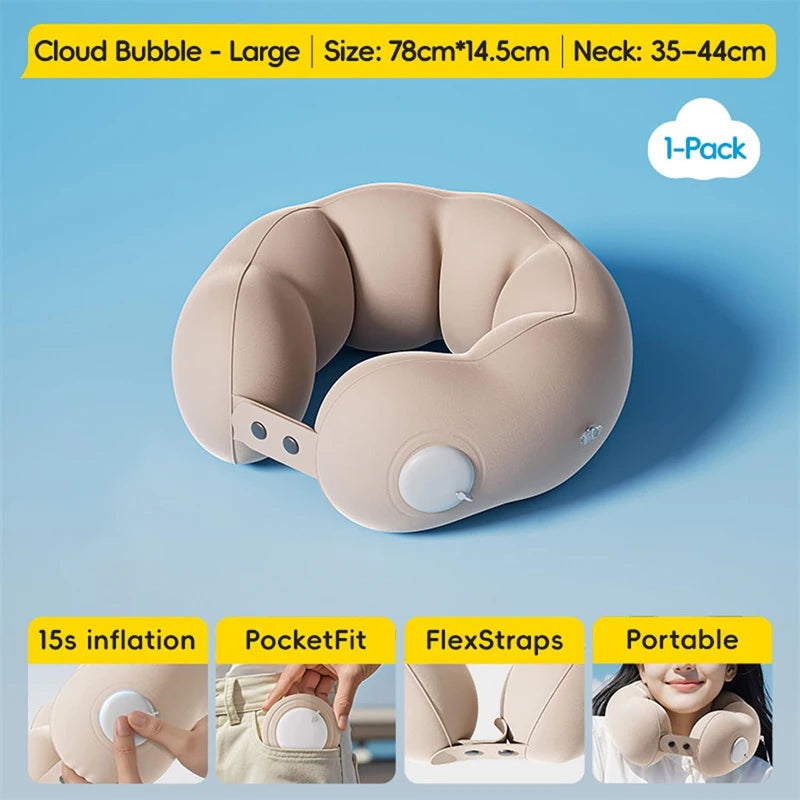 Inflatable Travel Neck Pillow For Airplane Train Car Washable Pillowcase U Shaped Office Napping Pillow, Adjustable And Soft