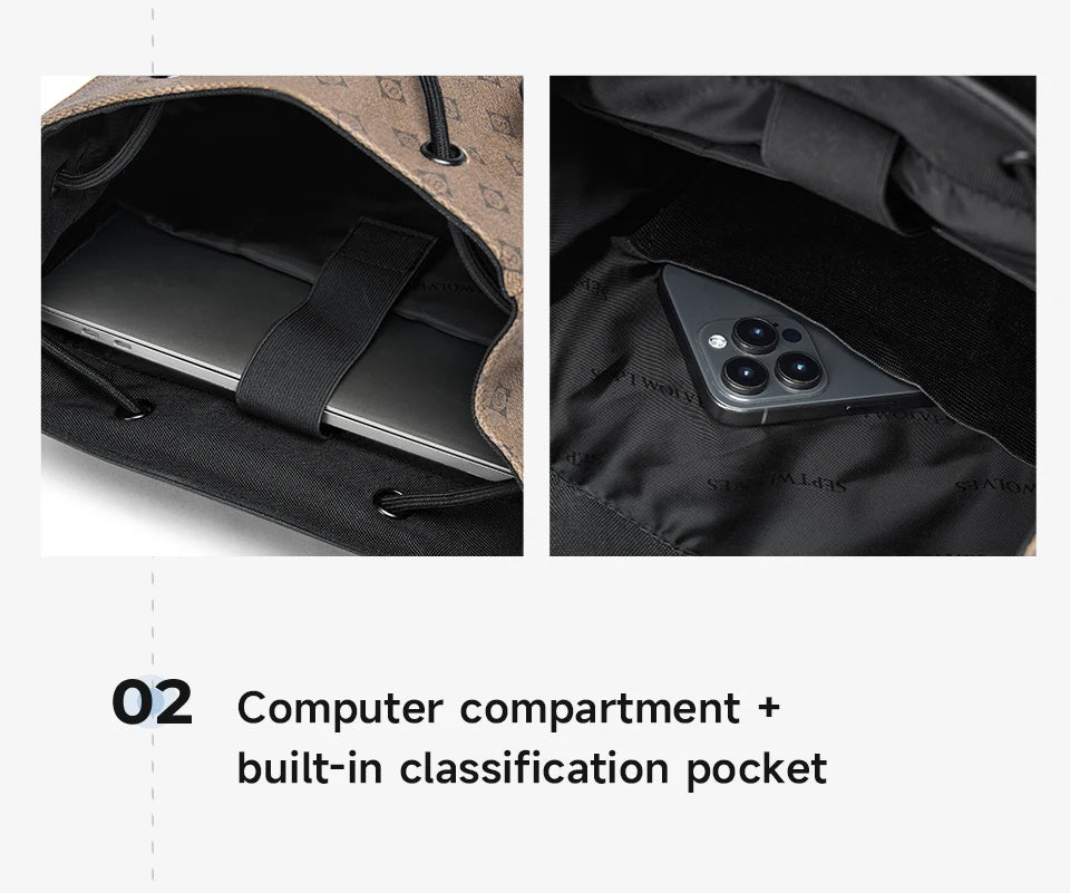 Septwolves High Quality Business Printed Leather Backpack Man Designer Drawstring Flip Monogram Laptop Bags Print Work Rucksack