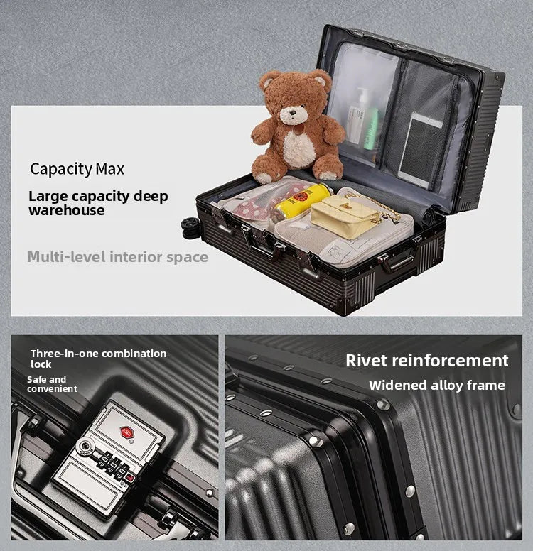 Wolverine luggage, a hard-shell suitcase with 108 rivets, 20-28 inches in size, featuring silent all-terrain wheels, a cup holde