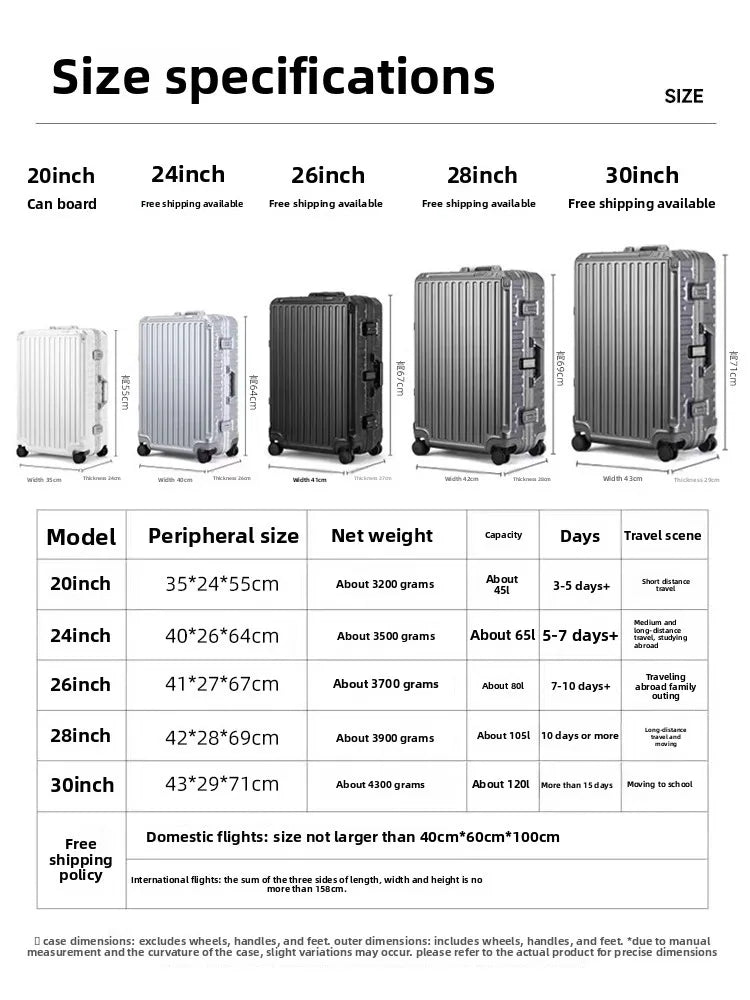 New ultra sturdy aluminum frame luggage, high aesthetic board case, universal wheel business travel box set, optional 20-28 inch