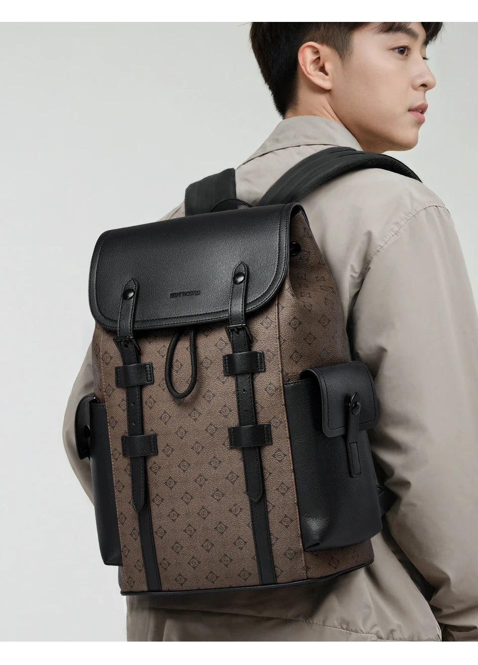 Septwolves High Quality Business Printed Leather Backpack Man Designer Drawstring Flip Monogram Laptop Bags Print Work Rucksack