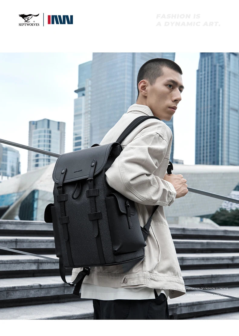 Septwolves High Quality Business Printed Leather Backpack Man Designer Drawstring Flip Monogram Laptop Bags Print Work Rucksack
